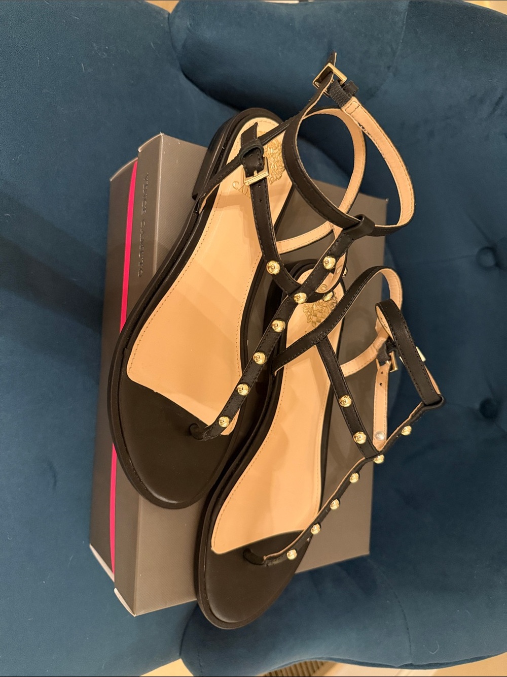 Vince Camuto Black T-Strap Sandals with Gold Studs